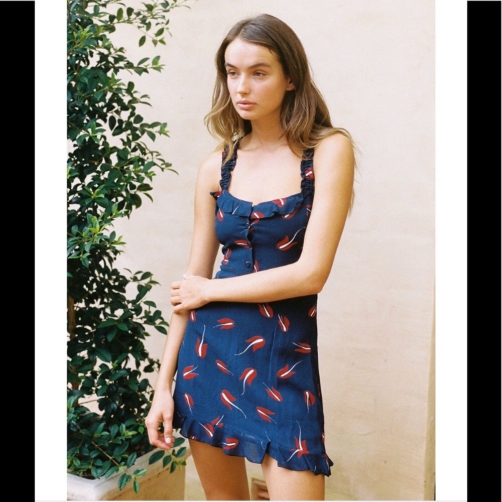 With Jean Navy Blue Mini Dress with Red Leaf Print